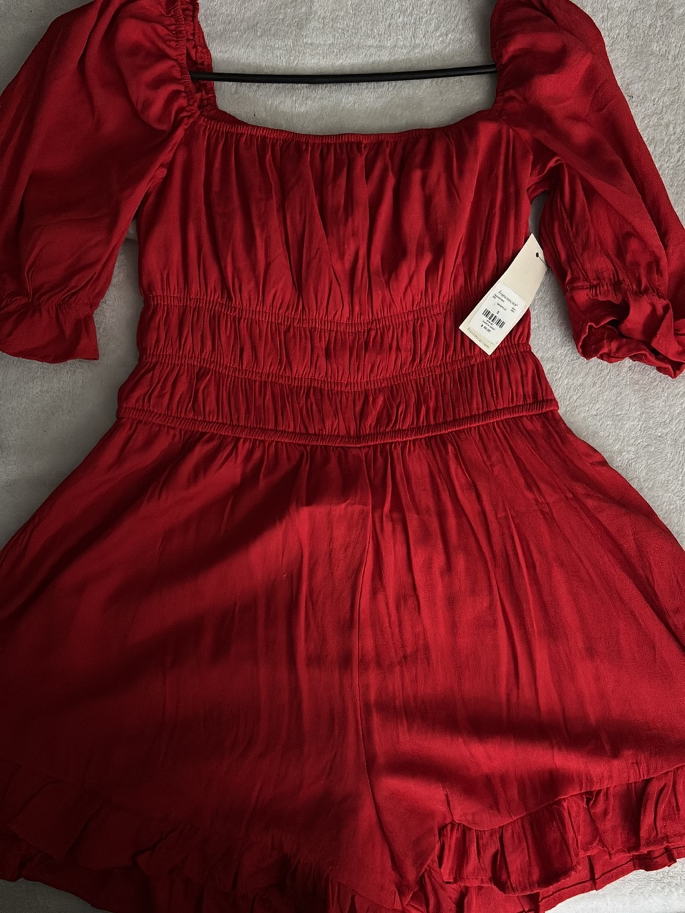 Francesca's Collections Red Smocked Waist Puff-Sleeve Romper